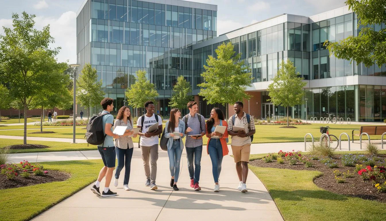 Students walking across a modern university campus