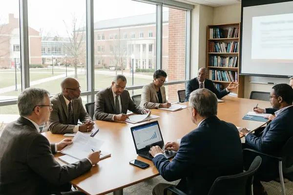 Academic colleagues reviewing information during a meeting