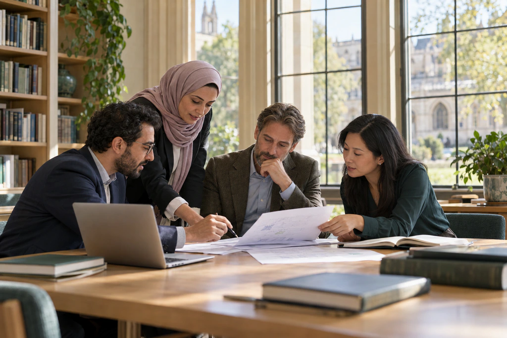 Conceptual image of international researchers collaborating in a university library